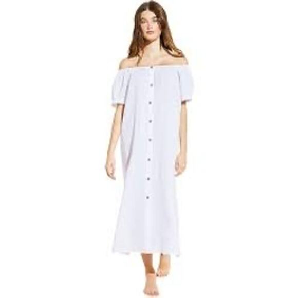 Eberjey The Harper White Linen Short PUff Sleeve Button Down Midi Dress Size XL - Picture 9 of 11